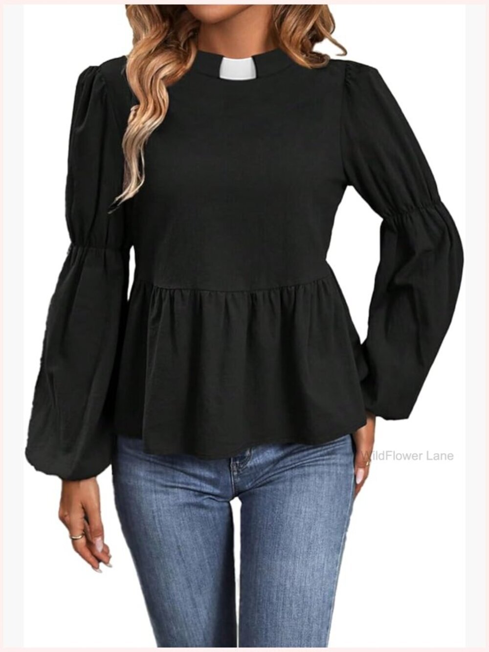 Long Lantern Sleeve Ruffle Blouse with Tab Collar